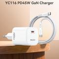 Yesido YC116 45W:n USB-C-GaN-laturi USB-C-kaapelilla – valkoinen