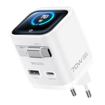 Yesido YC123 70W:n GaN-pikalaturi - TFT-näyttö, 2x USB-C, USB-A, 70cm:n USB-C-kaapeli - valkoinen