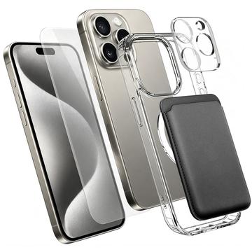 iPhone 15 Pro 4-in-1 MagSafe -suojasarja korttitaskulla - kirkas / musta