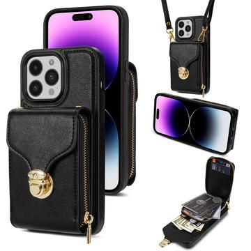 iPhone 16 Pro Kaikki yhdessä -kotelo, jossa lompakko ja hihna - musta