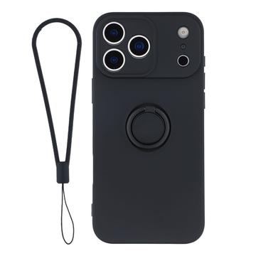 iPhone 18 Pro Nestemäinen silikonikuori sormuspidikkeellä ja rannehihnalla - musta