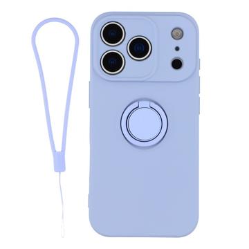 iPhone 18 Pro Nestemäinen silikonikuori sormuspidikkeellä ja rannehihnalla - vaalean violetti
