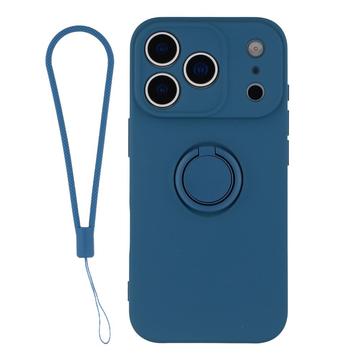 iPhone 18 Pro Nestemäinen silikonikuori sormuspidikkeellä ja rannehihnalla - keskiyön sininen