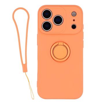 iPhone 18 Pro Nestemäinen silikonikuori sormuspidikkeellä ja rannehihnalla - oranssi