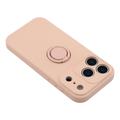 iPhone 18 Pro Nestemäinen silikonikuori sormuspidikkeellä ja rannehihnalla - vaaleanpunainen