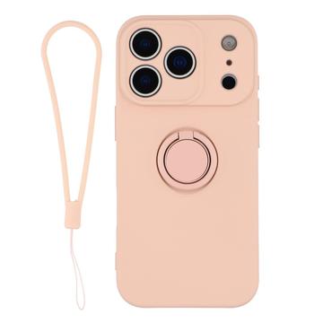 iPhone 18 Pro Max Nestemäinen silikonikuori sormuspidikkeellä ja rannehihnalla - vaaleanpunainen